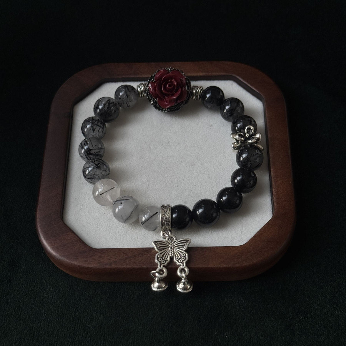 Taoist Blessed Black Obsidian & Rutilated Quartz Bracelet, Rose & Butterfly Amulet