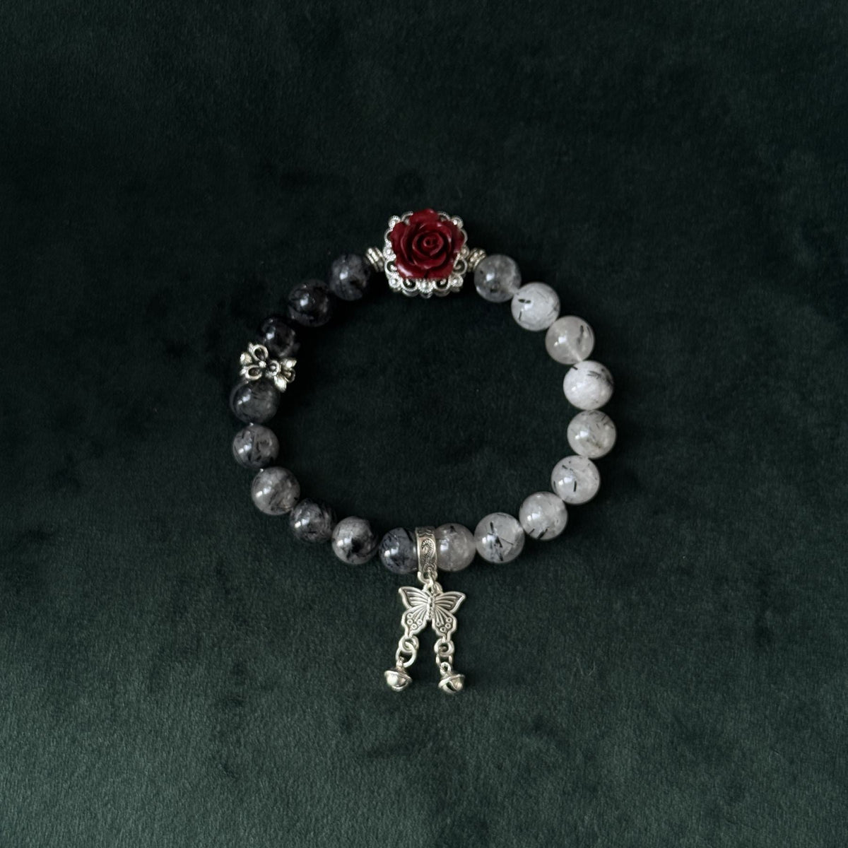 Taoist Blessed Black Rutilated Quartz Bracelet, Protection & Focus Amulet with Rose