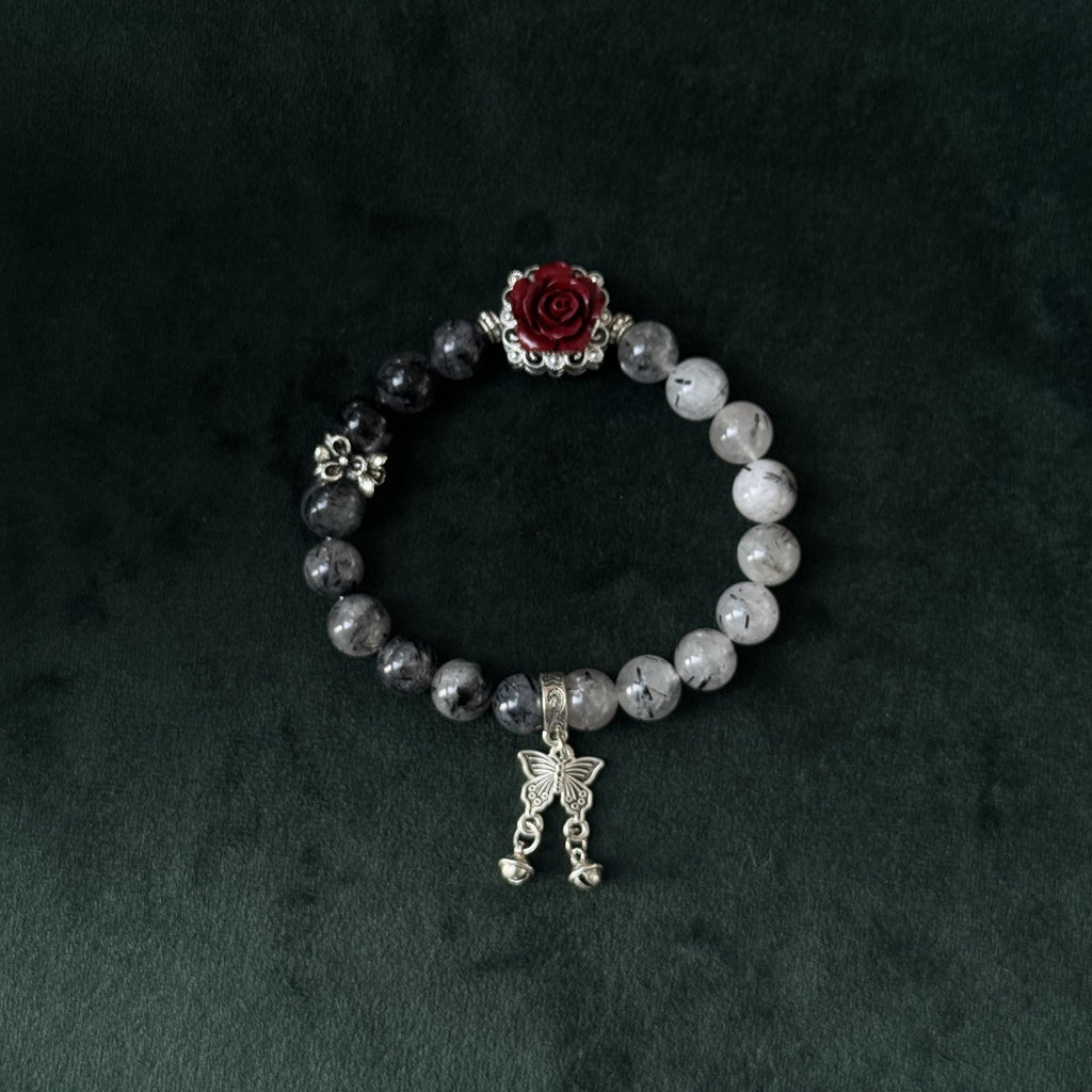 Taoist Blessed Black Rutilated Quartz Bracelet, Protection & Focus Amulet with Rose