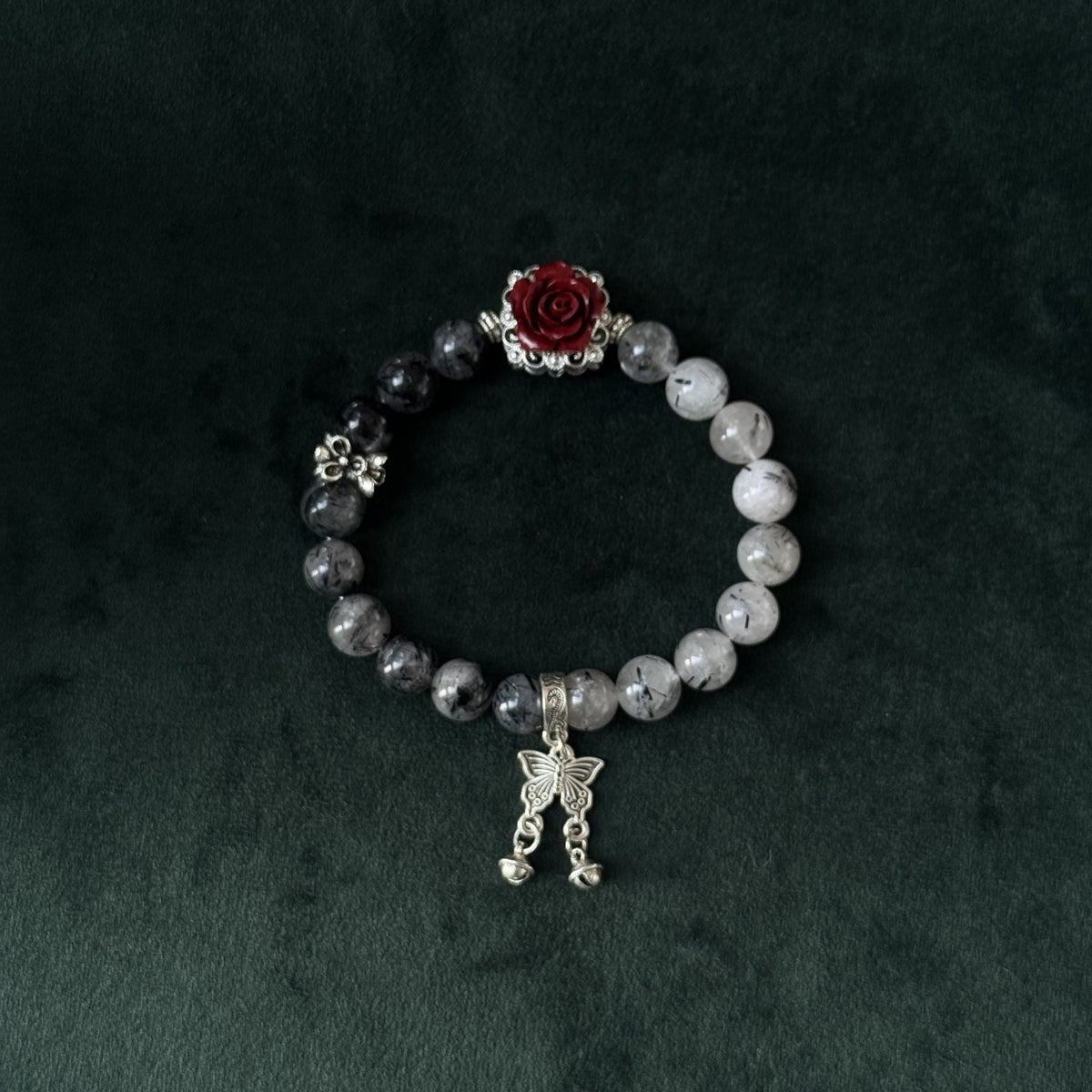 Taoist Blessed Black Rutilated Quartz Bracelet, Protection & Focus Amulet with Rose