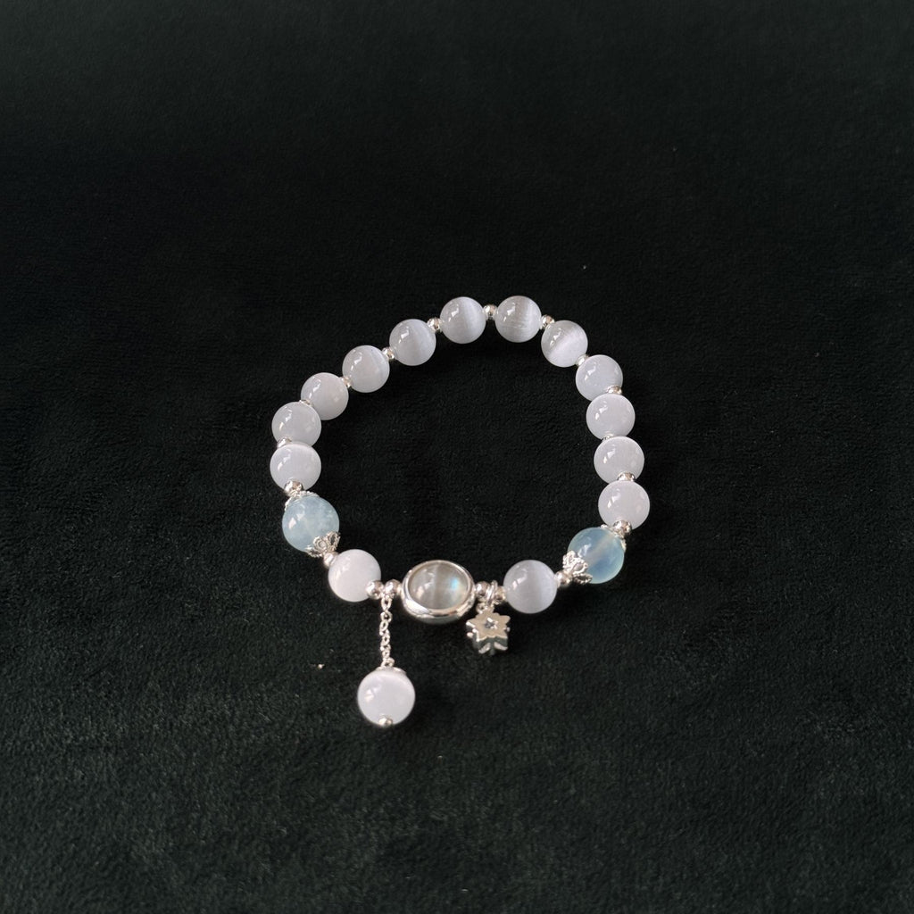 Taoist Blessed Crystal Bracelet for Mercury Retrograde, Natural Cat's Eye Aquamarine Moonstone Bracelet