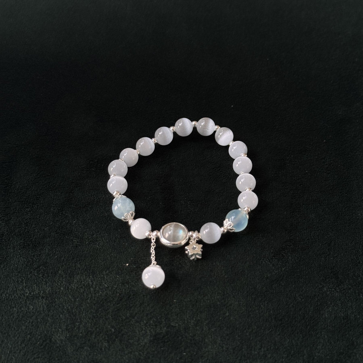 Taoist Blessed Crystal Bracelet for Mercury Retrograde, Natural Cat's Eye Aquamarine Moonstone Bracelet