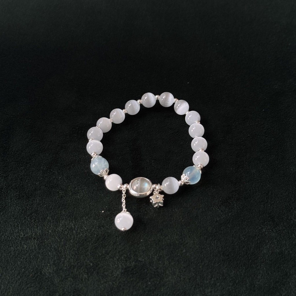 Taoist Blessed Crystal Bracelet for Mercury Retrograde, Natural Cat's Eye Aquamarine Moonstone Bracelet