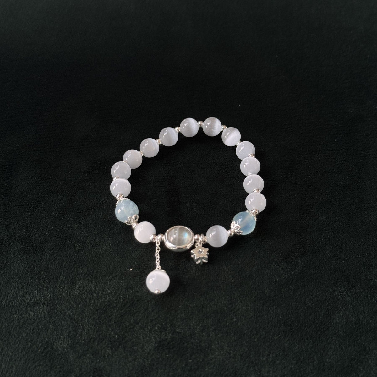 Taoist Blessed Crystal Bracelet for Mercury Retrograde, Natural Cat's Eye Aquamarine Moonstone Bracelet