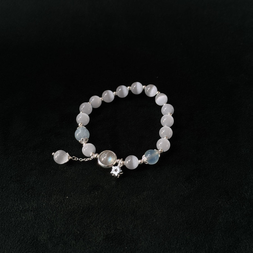 Taoist Blessed Crystal Bracelet for Mercury Retrograde, Natural Cat's Eye Aquamarine Moonstone Bracelet