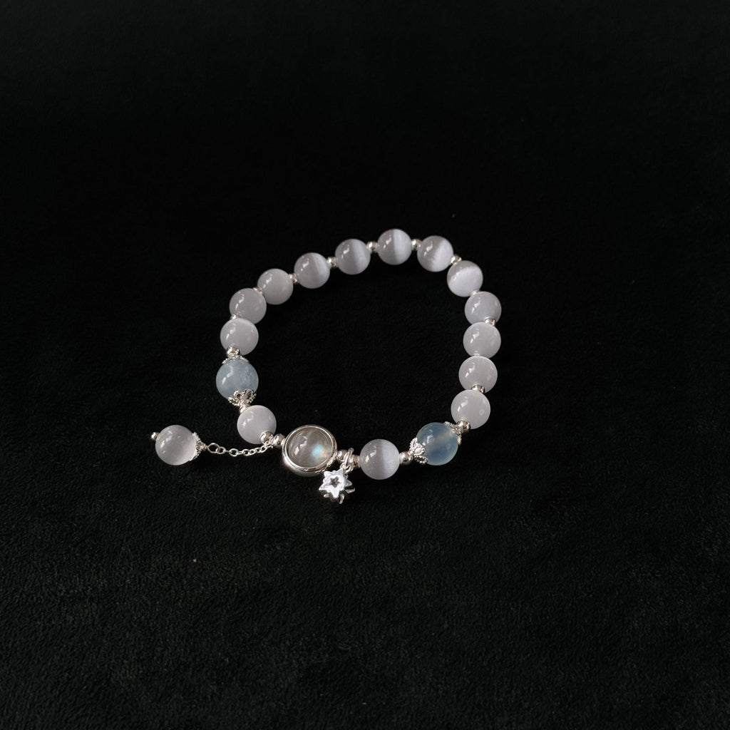 Taoist Blessed Crystal Bracelet for Mercury Retrograde, Natural Cat's Eye Aquamarine Moonstone Bracelet