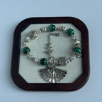 Taoist Blessed Green Tiger's Eye Bracelet, Silver Filigree Fan Amulet
