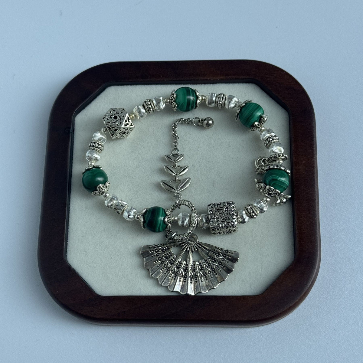 Taoist Blessed Green Tiger's Eye Bracelet, Silver Filigree Fan Amulet