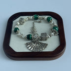 Taoist Blessed Green Tiger's Eye Bracelet, Silver Filigree Fan Amulet