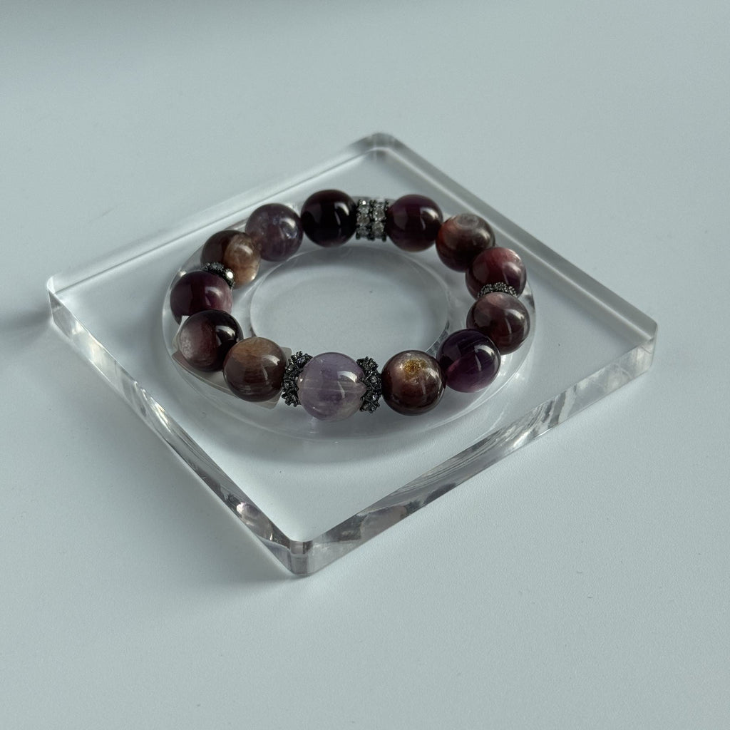 Taoist Blessed Lepidolite Bracelet, Bolivian Amethyst Top Bead