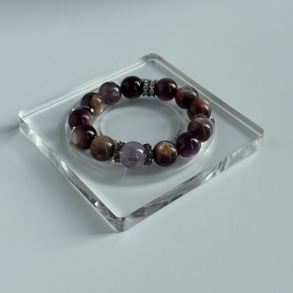 Taoist Blessed Lepidolite Bracelet, Bolivian Amethyst Top Bead