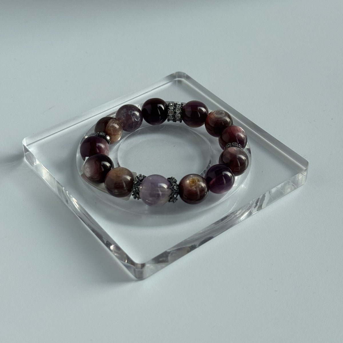Taoist Blessed Lepidolite Bracelet, Bolivian Amethyst Top Bead