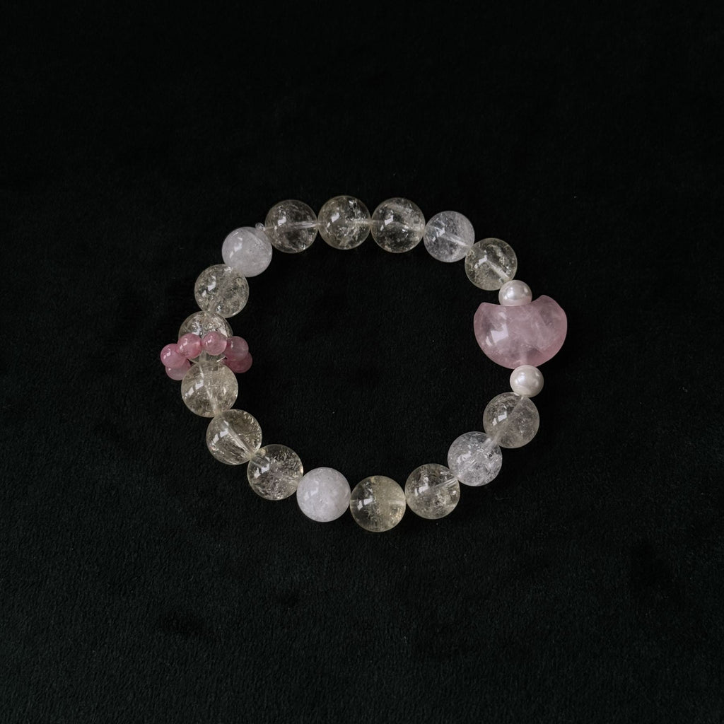 Taoist Blessed Multi-Stone moon Bracelet, Rose Quartz & Green Phantom Amulet