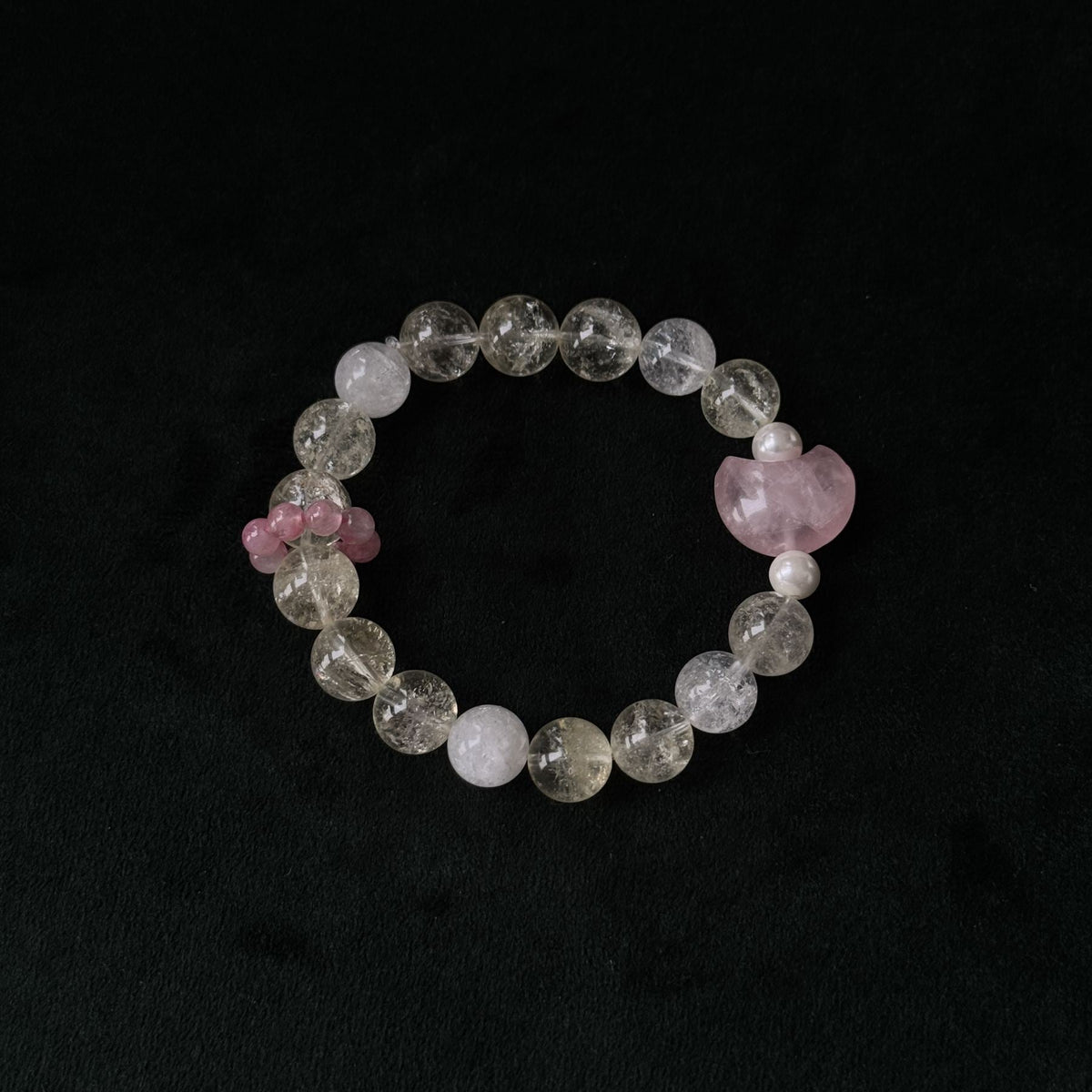 Taoist Blessed Multi-Stone moon Bracelet, Rose Quartz & Green Phantom Amulet