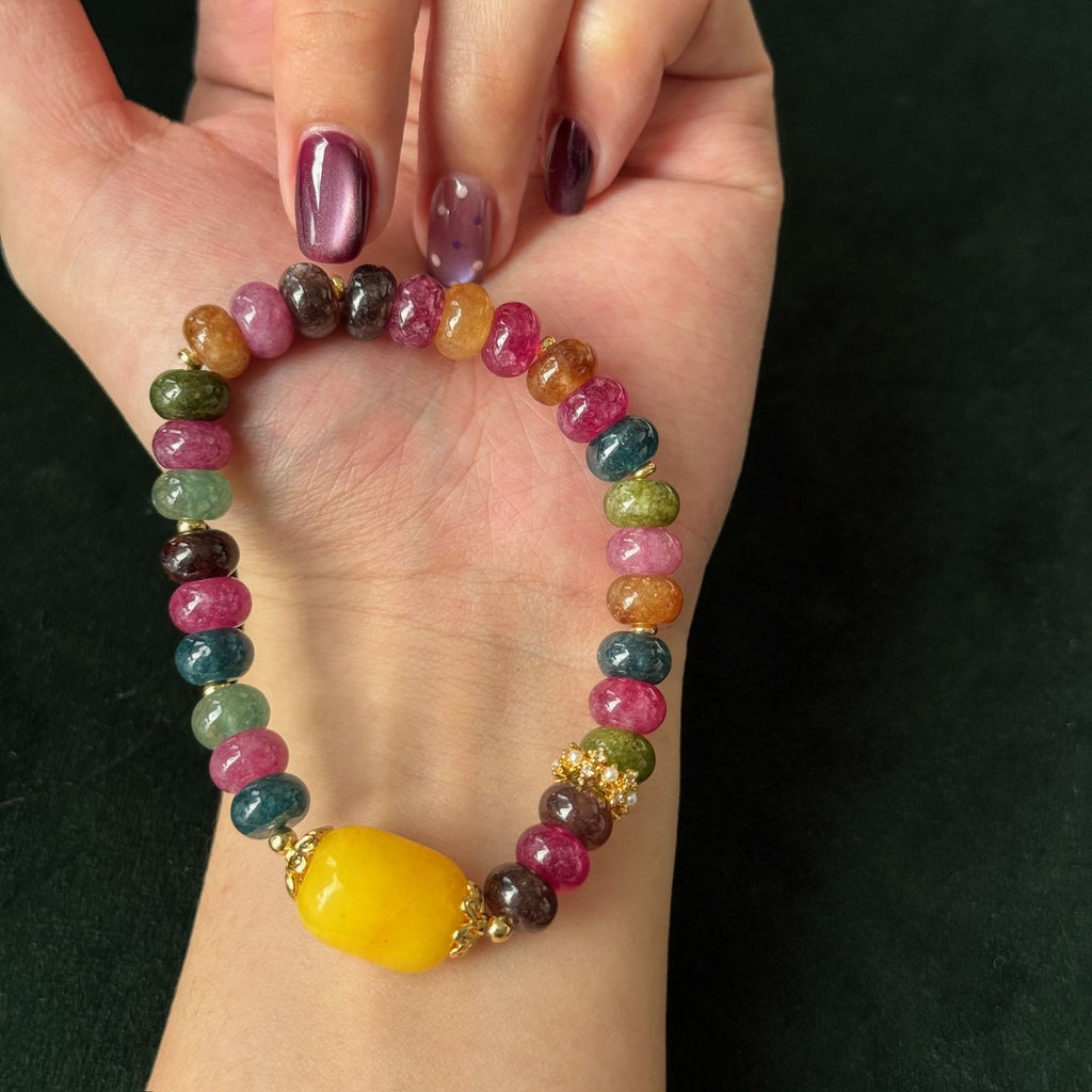 Taoist Blessed Multicolor Tourmaline Abacus Bead Jade Bracelet