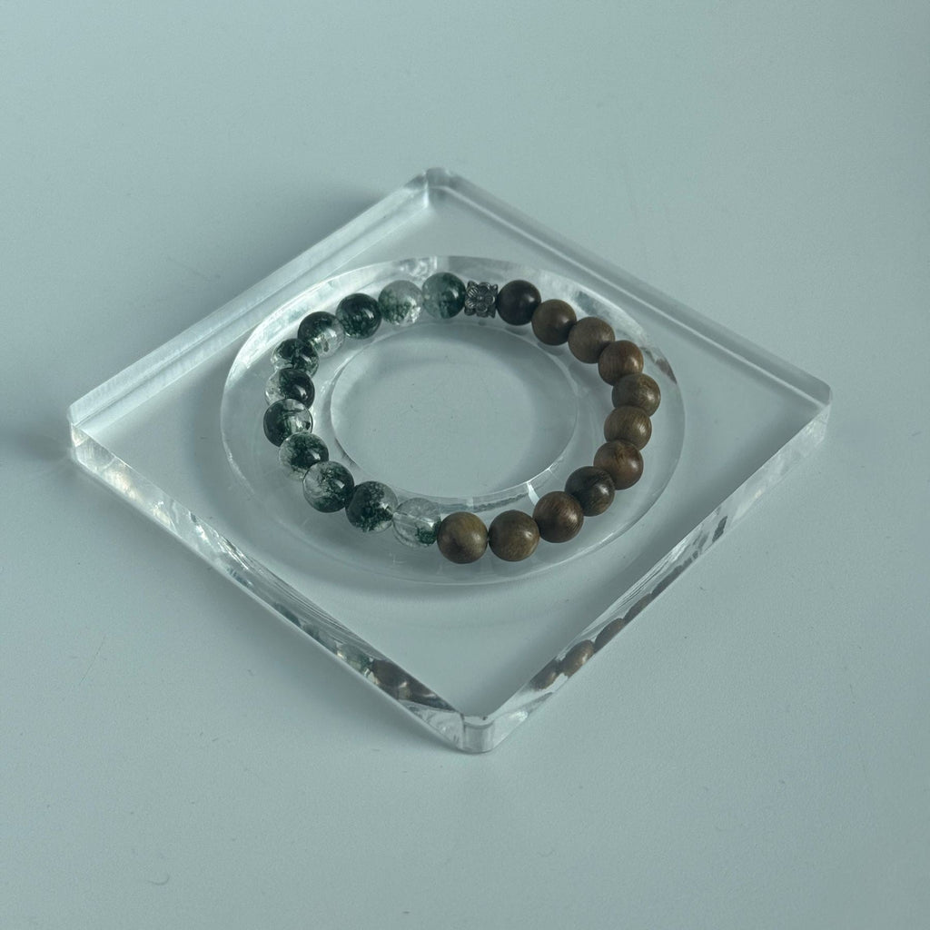 Taoist Blessed Old Green Sandalwood & Green Phantom Quartz Bracelet (8mm)