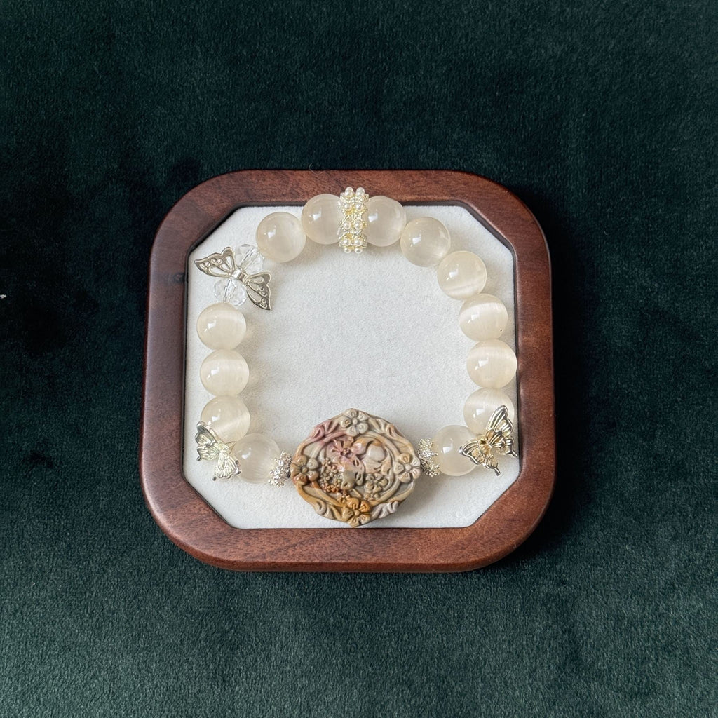 Taoist Blessed Rose Stone & Moonstone Bracelet, Feminine Energy & Grace Amulet