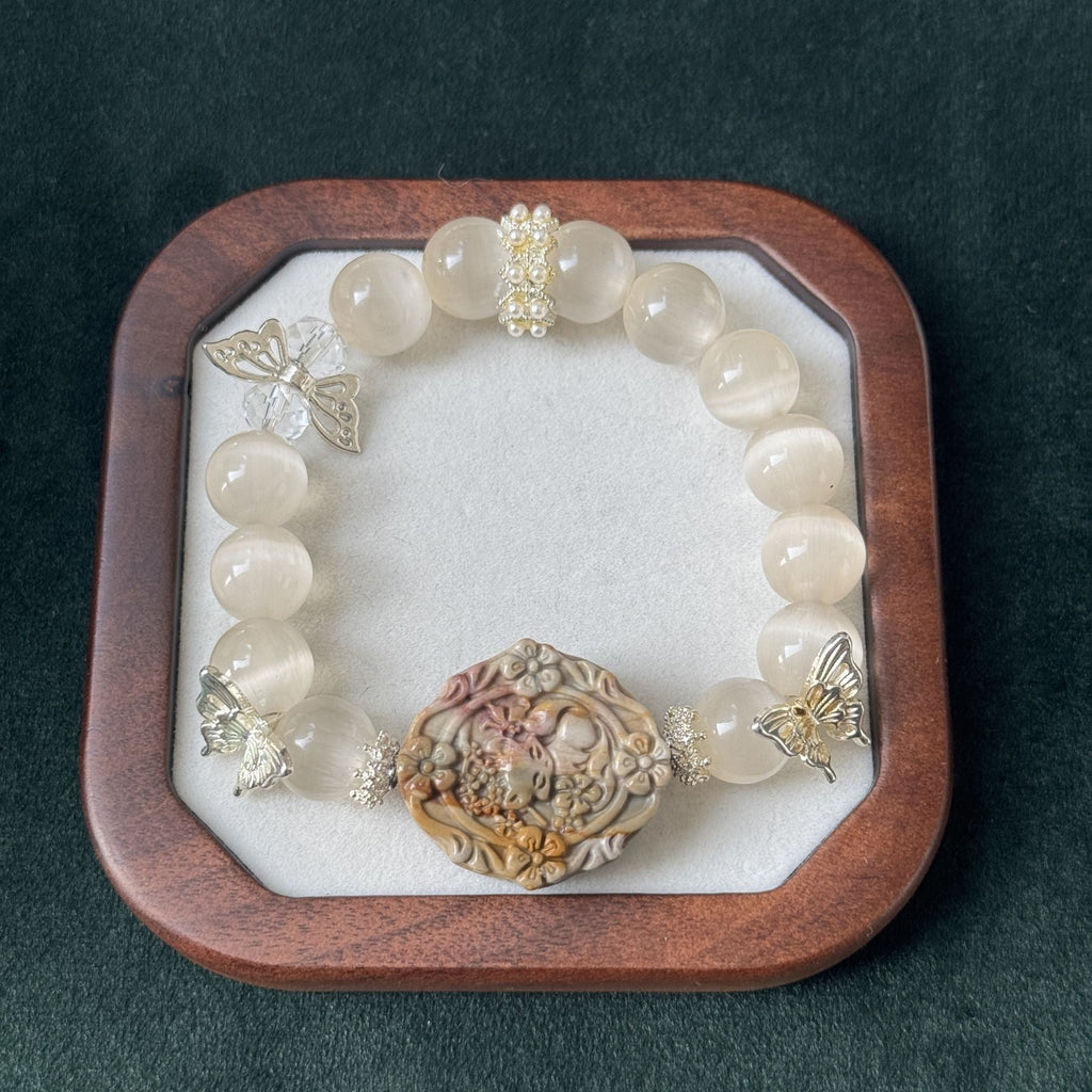 Taoist Blessed Rose Stone & Moonstone Bracelet, Feminine Energy & Grace Amulet
