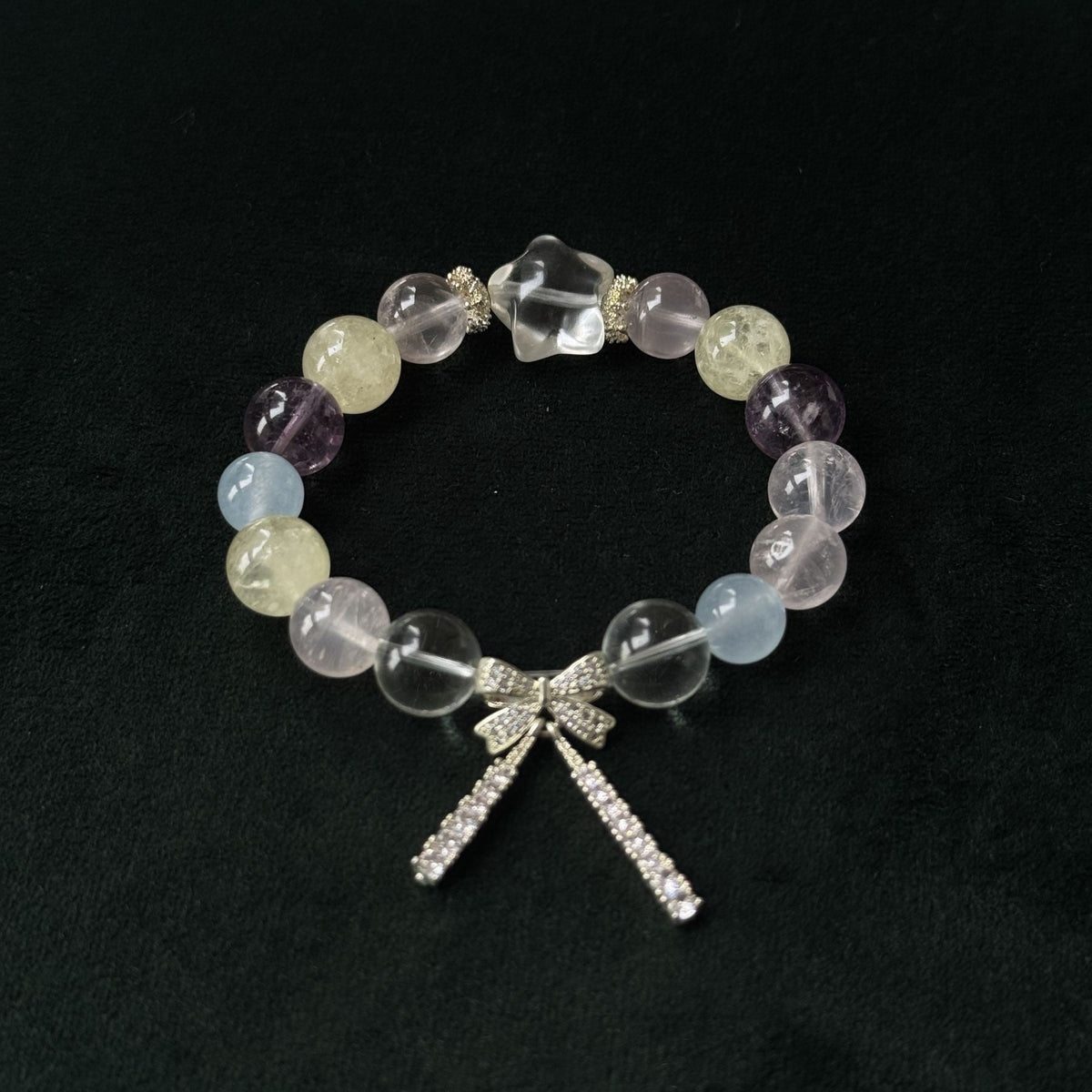 Taoist Blessed "Starry Bow" Multi-Stone Bracelet, Aquamarine & Amethyst Amulet