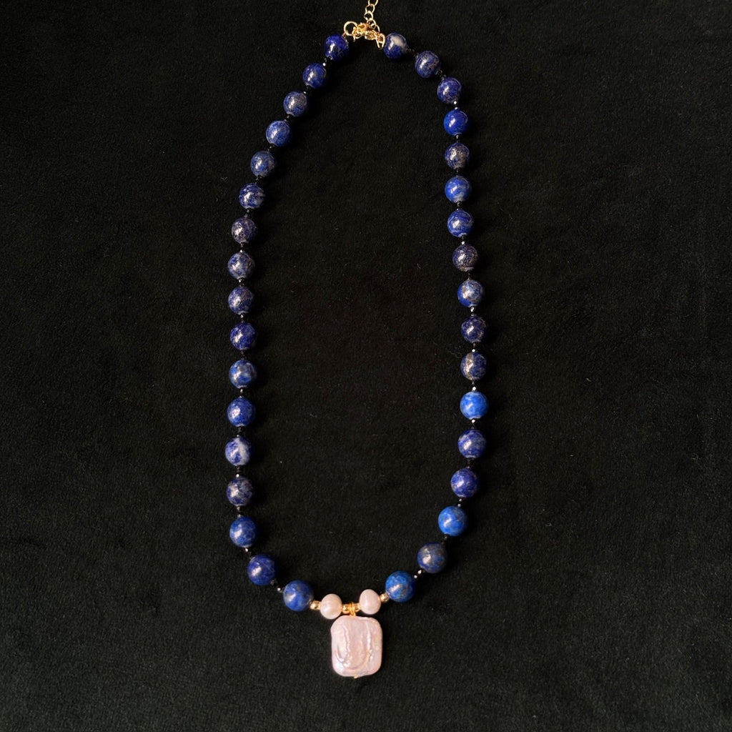 Taoist Blessed Vintage Lapis Lazuli & Baroque Pearl Long Necklace