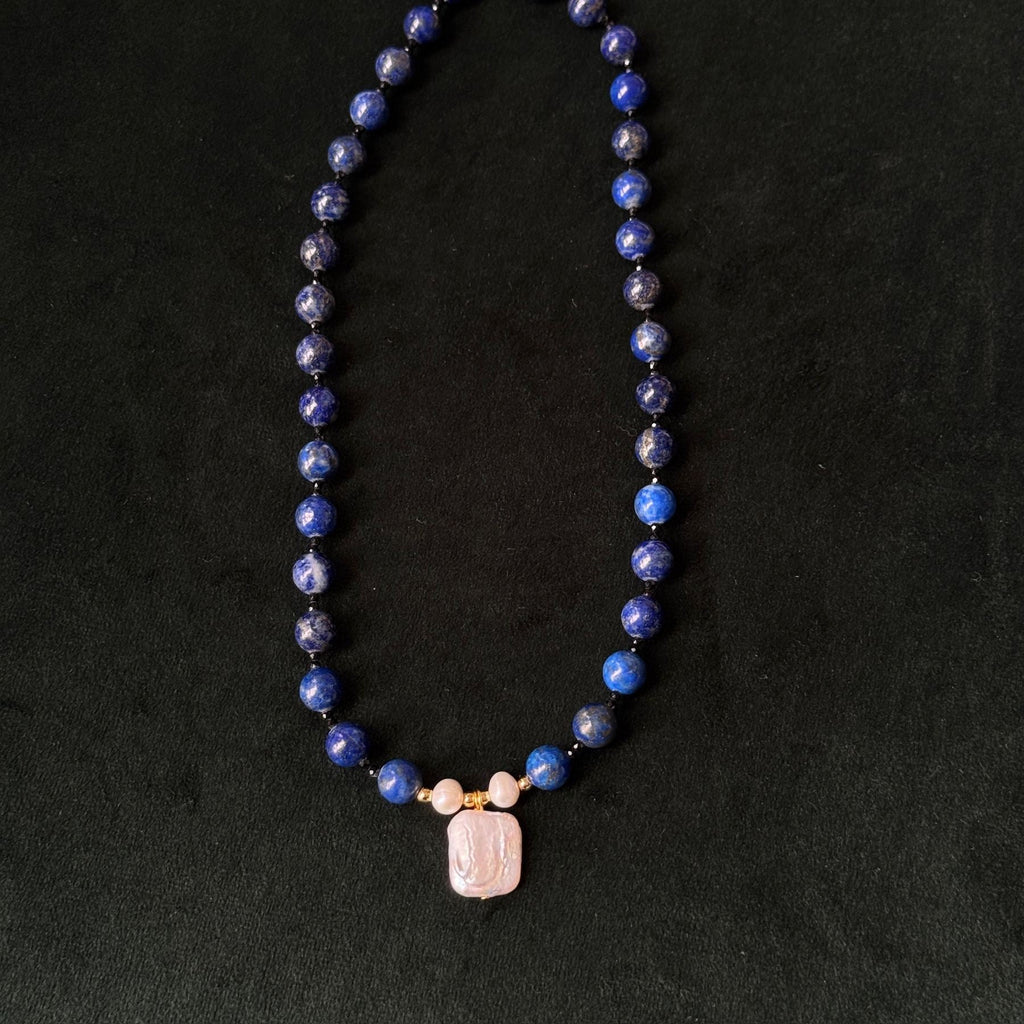 Taoist Blessed Vintage Lapis Lazuli & Baroque Pearl Long Necklace