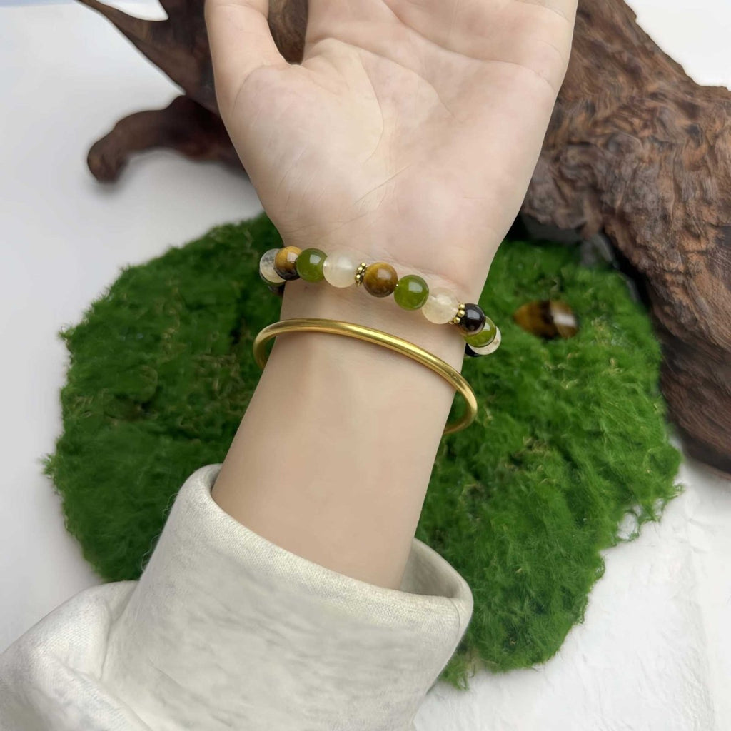 Tigers Eye Clear Quartz And Prehnite Beaded Bracelet - EclipticJew