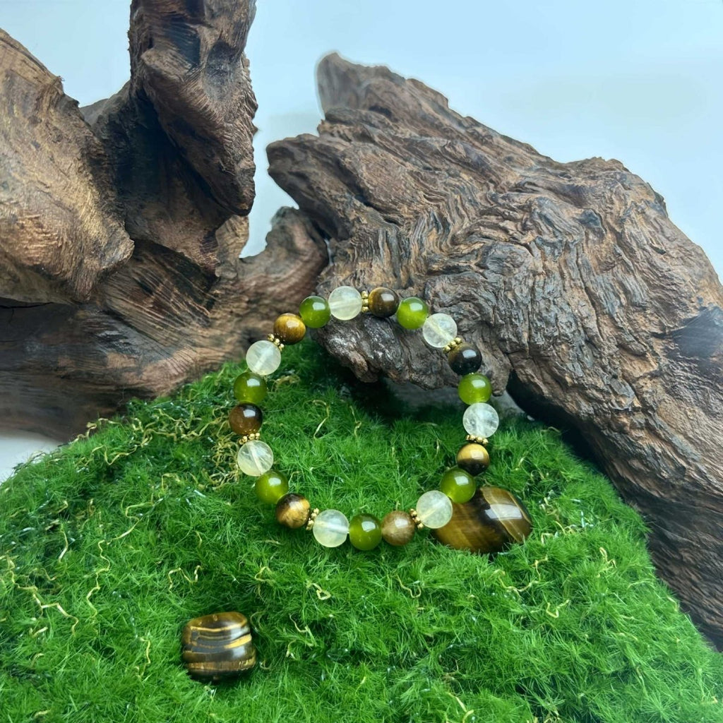 Tigers Eye Clear Quartz And Prehnite Beaded Bracelet