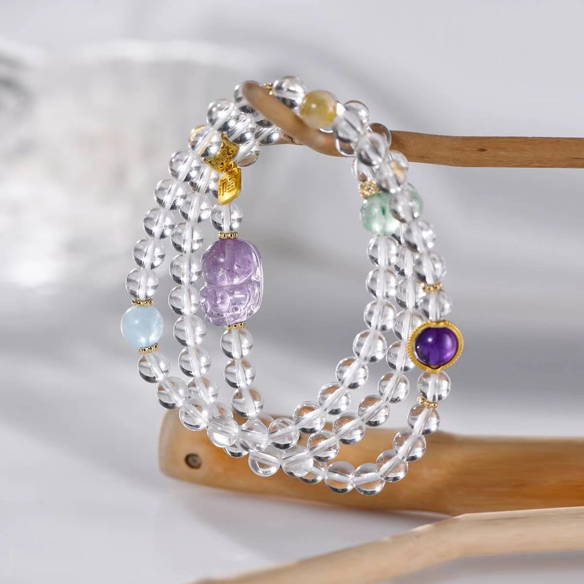 Wealth Pixiu Guardian Amethyst & Clear Quartz Bracelet