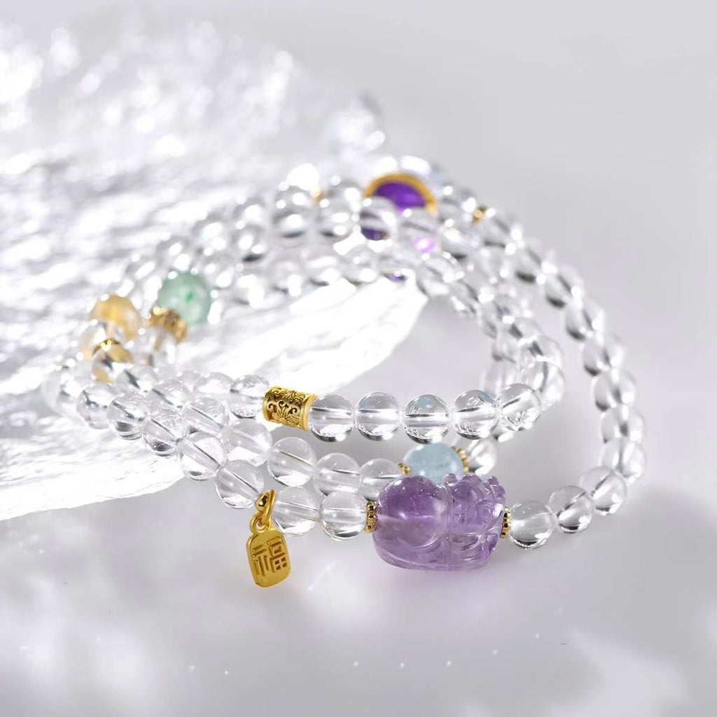 Wealth Pixiu Guardian Amethyst & Clear Quartz Bracelet - EclipticJewamethystBraceletsnew