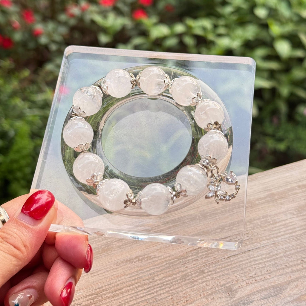 White Phantom Quartz Bracelet | Shimmering Celestial Moon Charm Amulet | Taoist Consecrated Aura Purifying & Karma Cleansing Crystal Jewelry