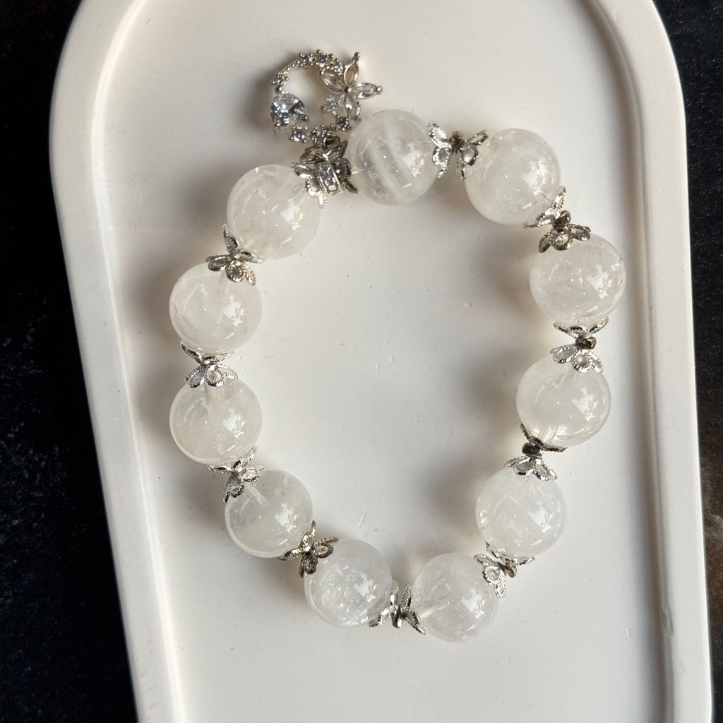White Phantom Quartz Bracelet | Shimmering Celestial Moon Charm Amulet | Taoist Consecrated Aura Purifying & Karma Cleansing Crystal Jewelry