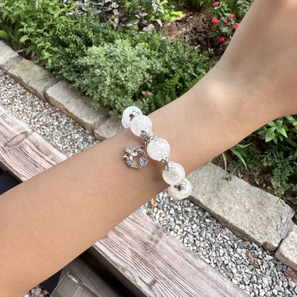 White Phantom Quartz Bracelet | Shimmering Celestial Moon Charm Amulet | Taoist Consecrated Aura Purifying & Karma Cleansing Crystal Jewelry