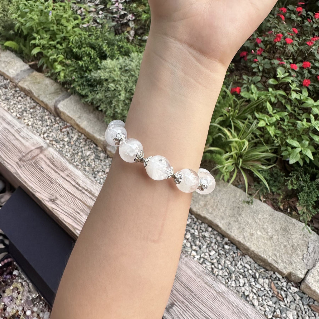 White Phantom Quartz Bracelet | Shimmering Celestial Moon Charm Amulet | Taoist Consecrated Aura Purifying & Karma Cleansing Crystal Jewelry
