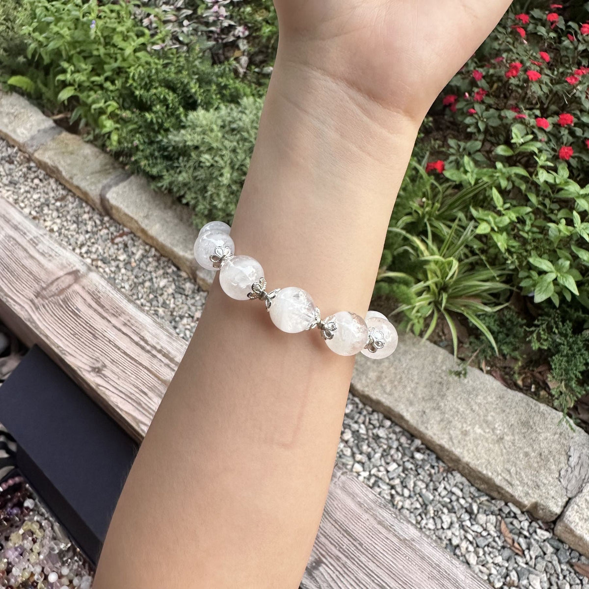 White Phantom Quartz Bracelet | Shimmering Celestial Moon Charm Amulet | Taoist Consecrated Aura Purifying & Karma Cleansing Crystal Jewelry