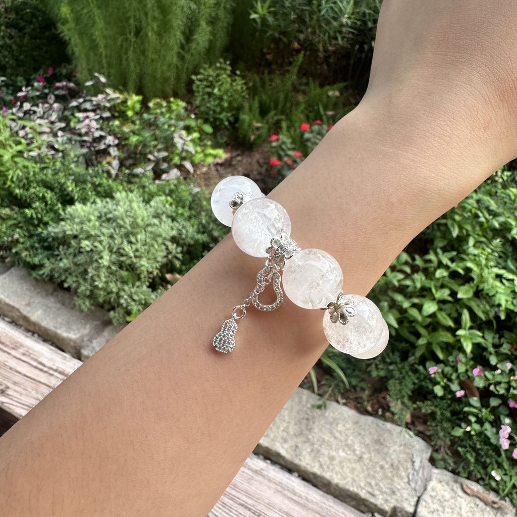 White Phantom Quartz Bracelet | Shimmering Celestial Moon Charm Amulet | Taoist Consecrated Aura Purifying & Karma Cleansing Crystal Jewelry
