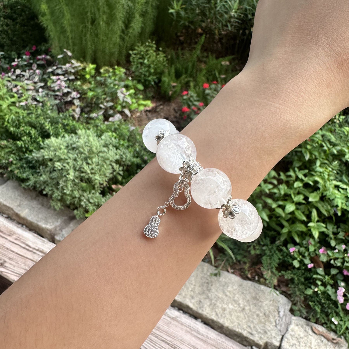 White Phantom Quartz Bracelet | Shimmering Celestial Moon Charm Amulet | Taoist Consecrated Aura Purifying & Karma Cleansing Crystal Jewelry