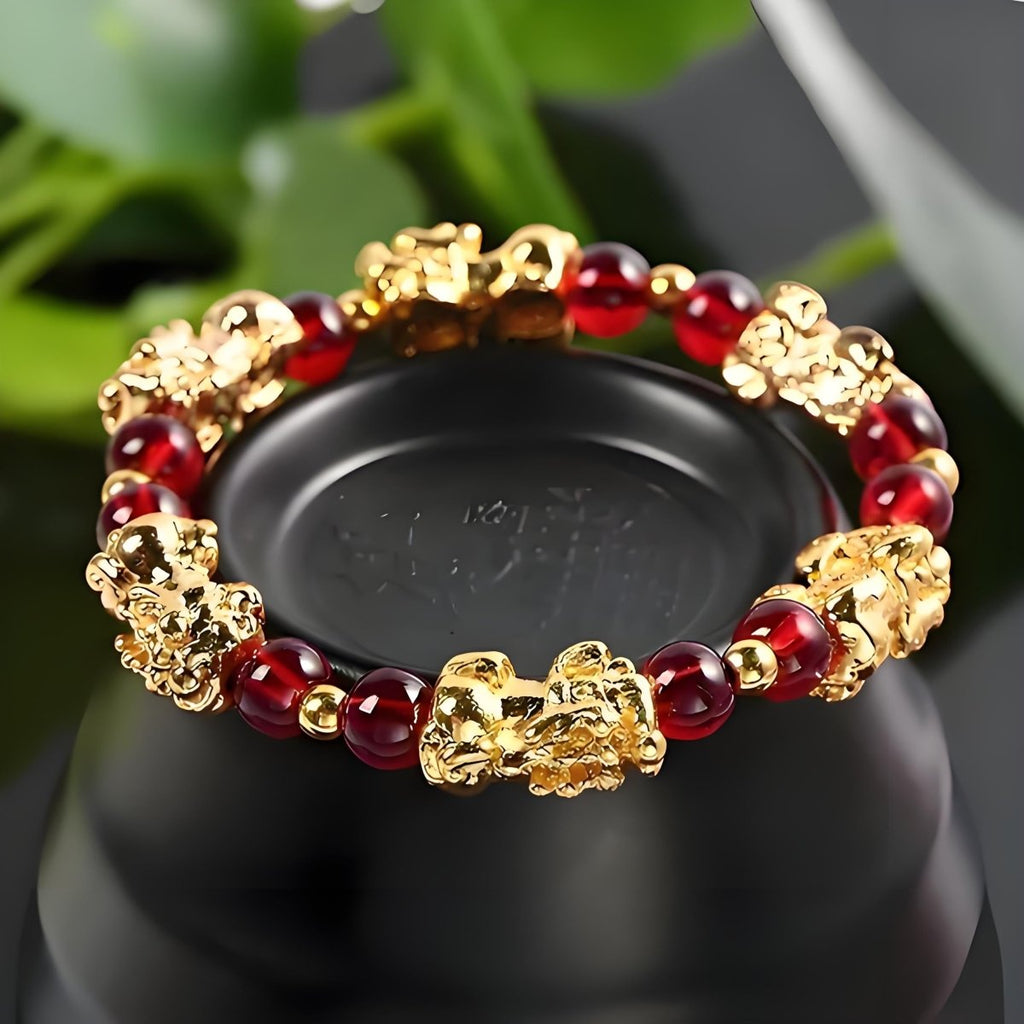 Yellow Stone PIXIU Bracelet Vintage Red Garnet Beads Feng Shui Lucky Brave Wealth Bracelet