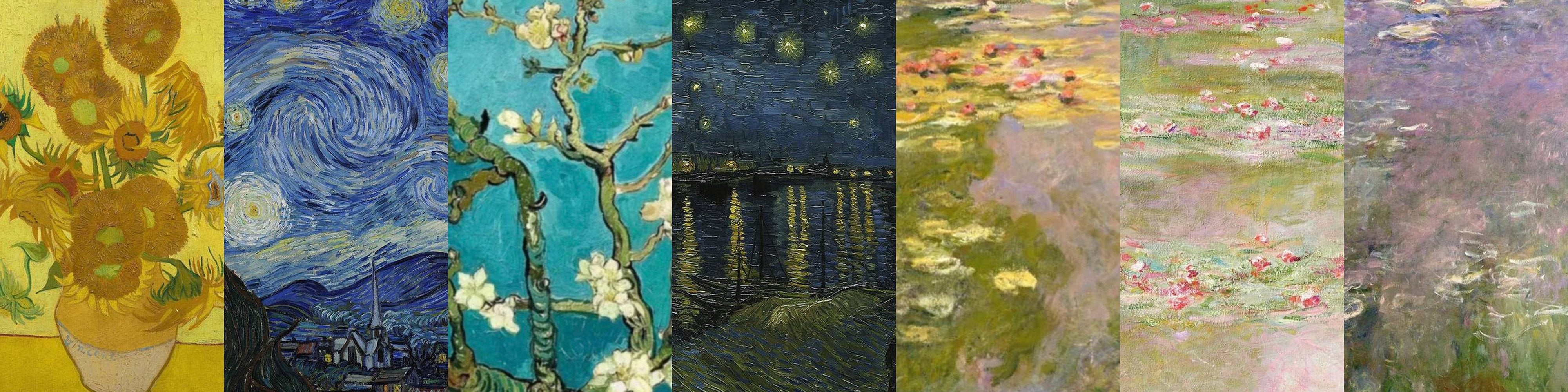 Seven public-domain painting studies from The Gallery Series: Van Gogh and Monet palettes in a single museum wall.
